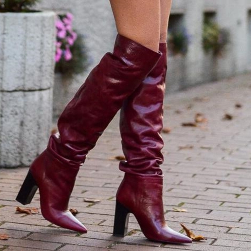 Zara Red Knee High Ruched Boots